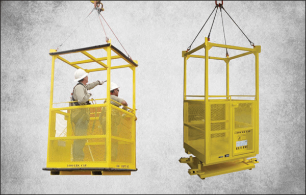 Two men stand in a yellow lift, looking around as it ascends.